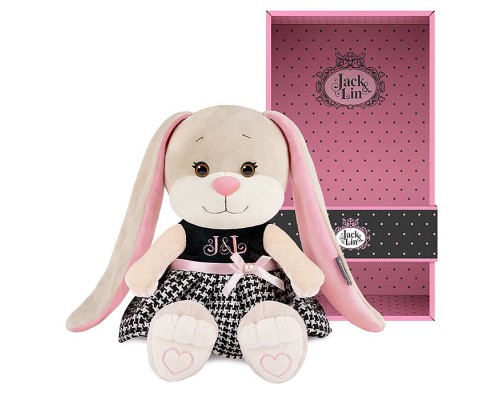 Зайка Лин в клетчатом платьице, 20 см, в коробке.