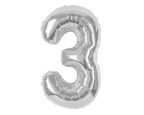 Шар (40''/102 см) Цифра, 3, Серебро, 1 шт. в уп.