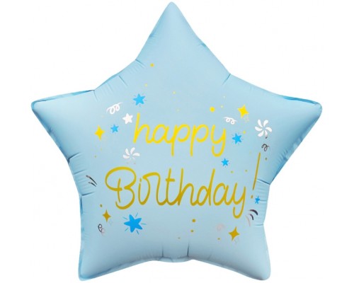 Шар (18''/46 см) Звезда, Happy Birthday (праздничные искры), Голубой, Сатин, 1 шт. в уп.