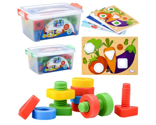 Конструктор "Болты и Гайки" тип 5 (32 болта и 32 гайки, 16  карточек с заданиями) в контейнере