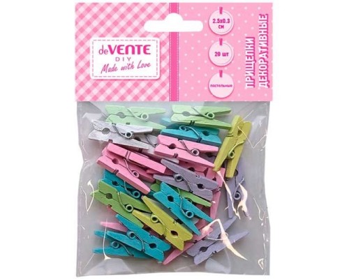 Прищепки декоративные "DIY Natural Wood" деревянные, размер 25x3 мм, 20 шт, пастельные цвета ассорти, в пластиковом пакете с блистерным подвесом