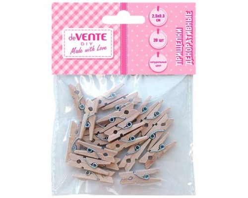 Прищепки декоративные "DIY Natural Wood" деревянные, размер 25x3 мм, 20 шт, натуральный цвет, в пластиковом пакете с блистерным подвесом