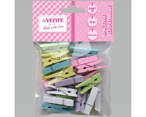 Прищепки декоративные "DIY Natural Wood" деревянные, размер 35x7 мм, 12 шт, пастельные цвета ассорти, в пластиковом пакете с блистерным подвесом