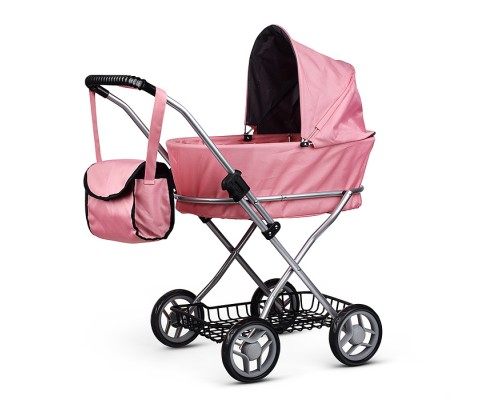 Коляска для кукол, металлическая, складная, прогулочная с капюшоном и корзиной, цвет розовый