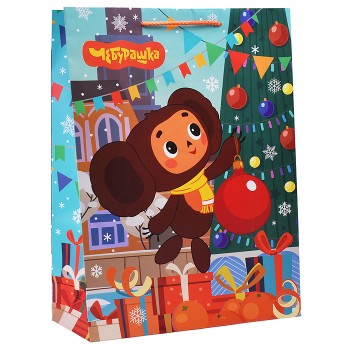 Пакет подарочный матовый "Чебурашка" XL союзмультфильм новогодний