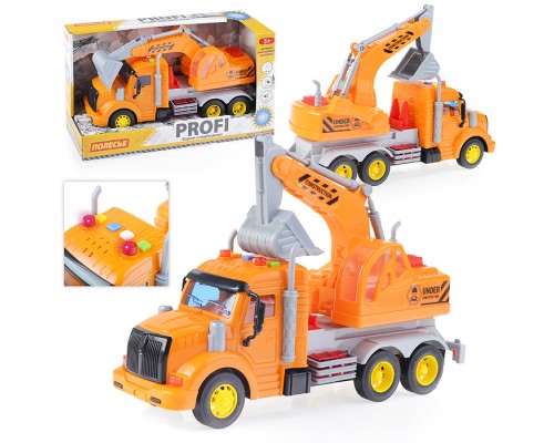 Автомобиль-экскаватор "Профи" инерционный (со светом и звуком) (оранжевый) (в коробке)