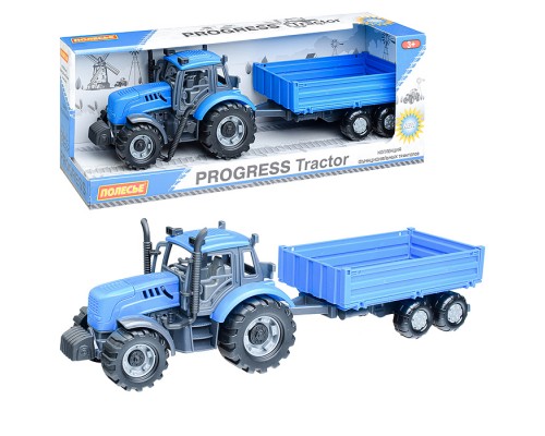 Трактор "Прогресс" с бортовым прицепом инерционный (синий) (в коробке)