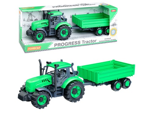 Трактор "Прогресс" с бортовым прицепом инерционный (зелёный) (в коробке)