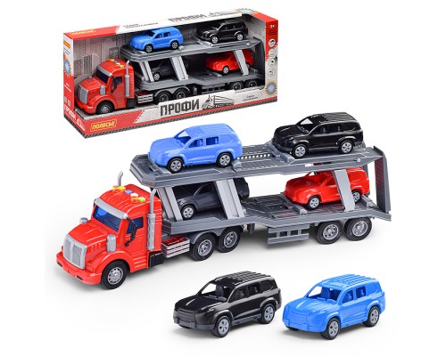 Автомобиль-тягач "Профи" с полуприцепом-автовозом инерционный (со светом и звуком) + 4 автомобиля (в коробке)