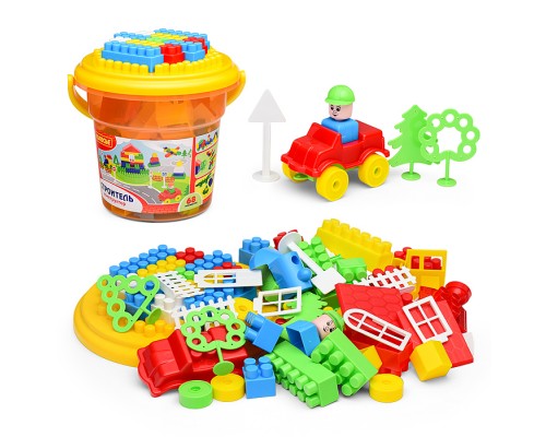 Конструктор "Строитель" (68 элементов) (в ведре оранжевом "Макси" с крышкой)