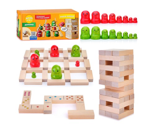 Набор игр 3 в 1 "Нескучные Крестики-нолики, Мини-башня, Домино"