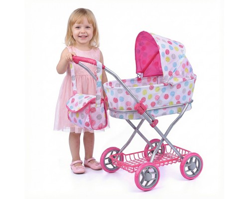 Коляска для кукол, металлическая, складная, прогулочная с капюшоном, с сумкой и корзиной , цве