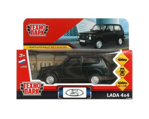 Машина металл LADA 4x4 длина 12 см, двери, багаж, инерц, черный, коробка