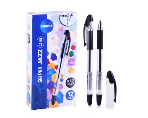 Ручка гелевая черная игольчатая "JAZZ" с металлическим наконечником, 0,5 мм., в прозрачном корпусе с резиновой вставкой в цвет чернил, клип серебряный