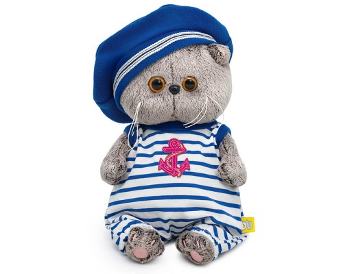 Кот Басик BABY в полосатом комбинезоне и берете