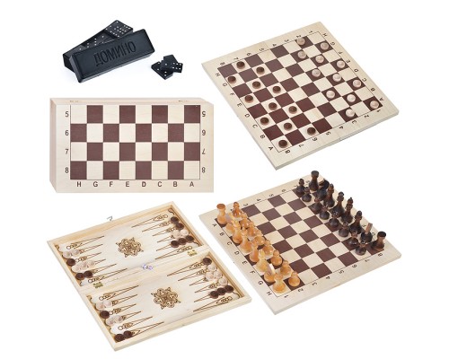 Набор 4 в 1 Шахматы гроссмейстерские + шашки деревянные + нарды + домино с доской (415*215)