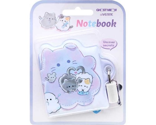 Записная книжка "Ghost Meow" A8 (58 ммx72 мм) 140 стр, белая бумага 80 г/м&sup2; с цветным дизайном, мягкая съемная обложка из искусственной кожи, цветная печать, металлический замок, в картонном блистере с европодвесом