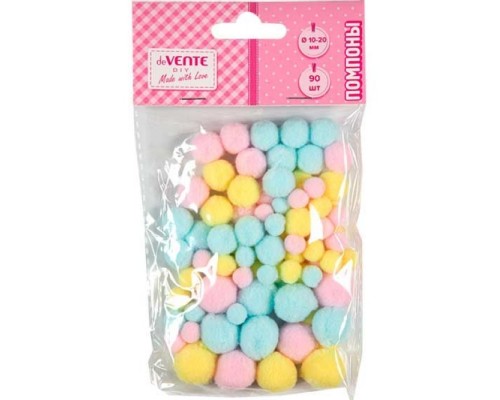 Набор помпонов для творчества "Diy" 90 шт, ассорти размеров и цветов (10 мм - 54 шт, 15 мм - 24 шт, 20 мм - 12 шт) в пластиковом пакете с блистерным подвесом, пастельные оттенки