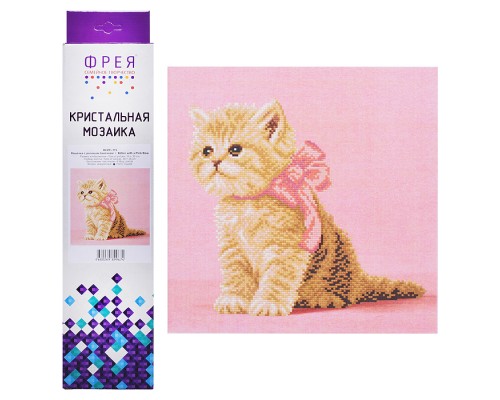 Кристальная (алмазная) мозаика 30х30 "Кошечка с розовым бантиком"