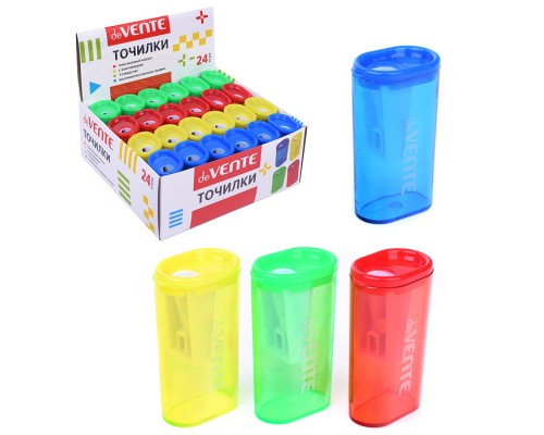 Точилка для карандашей, 1 отверстие, с контейнером, пластмассовая, прямоугольная, высокая, в картонной коробке, ассорти