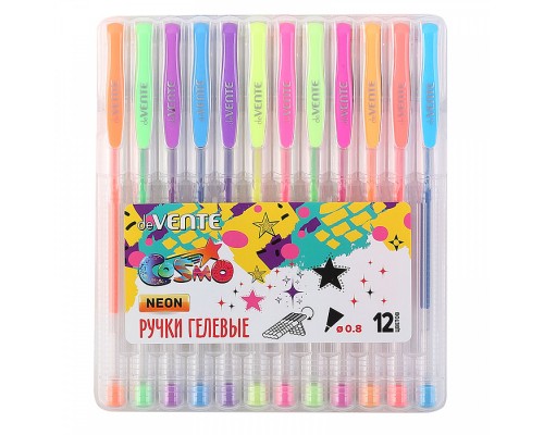 Набор ручек гелевых "Cosmo Fluo" 12 флуоресцентных неоновых цветов, d=0,8 мм, прозрачный корпус с металлическим наконечником, сменный стержень, в пластиковой коробке с подвесом