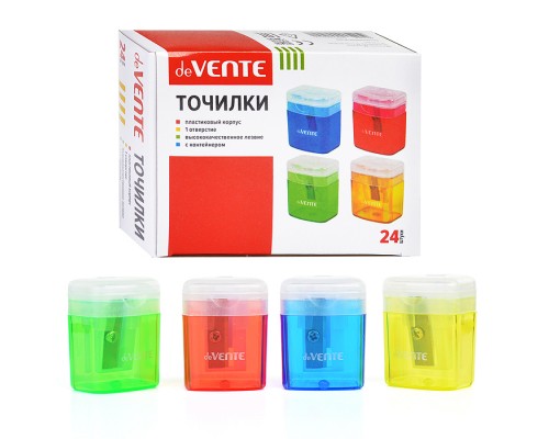 Точилка для карандашей 1 отверстие, с контейнером, пластмассовая, прямоугольная, с индивидуальной мракировкой, в картонной коробке, ассорти