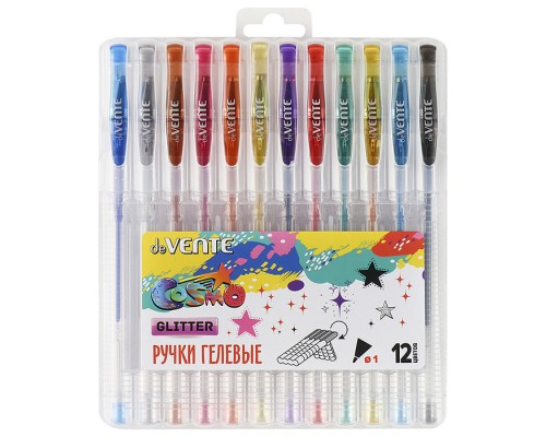 Набор ручек гелевых "Cosmo Glitter" 12 цветов с блестками, d=1 мм, прозрачный корпус с металлическим наконечником, сменный стержень, в пластиковой коробке с подвесом
