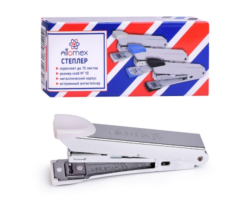 Степлер "Attomex" № 10 (мощность 15 листов, глубина скрепления 35 мм) металлический, со встроенным металлическим антистеплером, в картонной коробке, серый