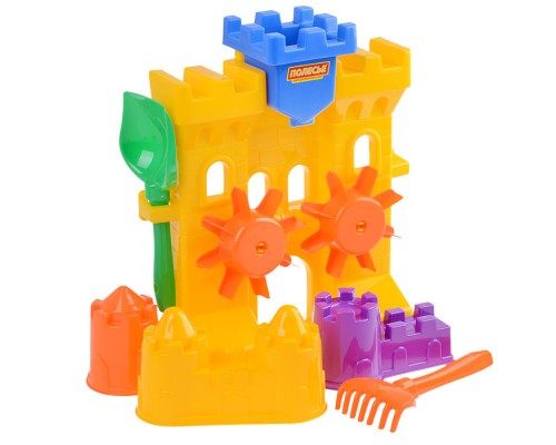 Набор №466: Песочная мельница "Крепость", лопатка №5, грабельки №5, формочки (замок мост + замок башня + замок стена с двумя башнями)
