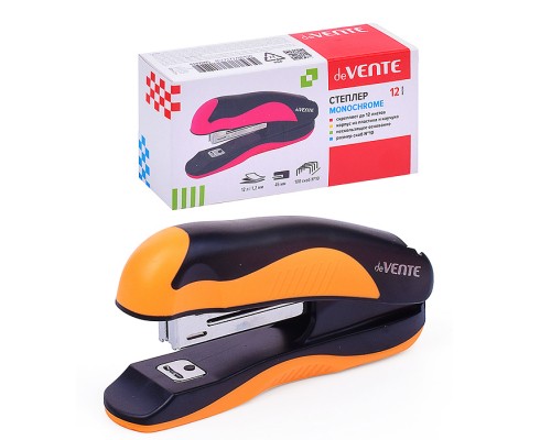 Степлер "MonoChrome" № 10 (мощность 12 листов, глубина скрепления 45 мм) пластиковый с каучуковой вставкой, в картонной коробке, черный с неоновым оранжевым