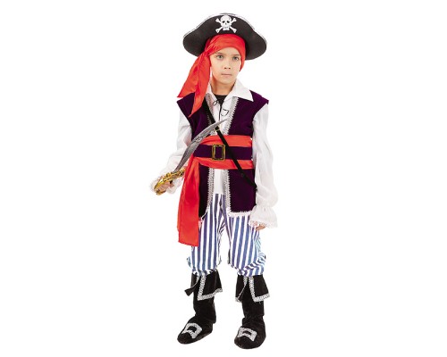 Костюм "Пират Спайк" (рубашка с жилетом и поясом, брюки с сапогами, бандана, шляпа, сабля)  размер 116-60