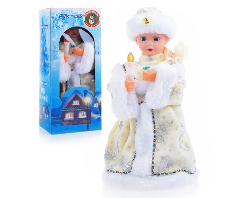 Снегурка со свечой в белой шубе, музыкальная 30см в коробке