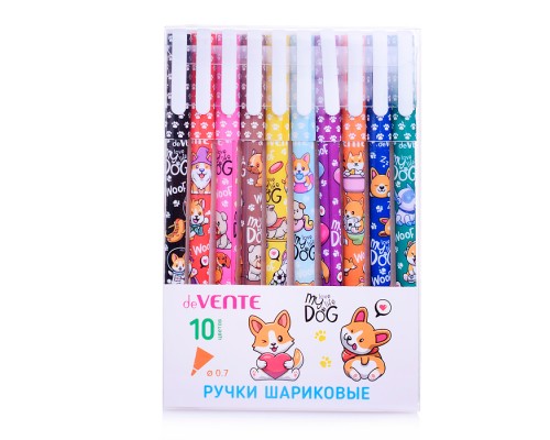Набор ручек шариковых подарочных "Собачьи истории" 10 цветов, d=0,7 мм, пластиковый корпус c запечаткой, сменный стержень, в пластиковом блистере