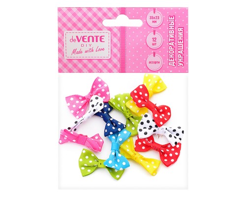 Декоративные украшения "Бантики в горошек" тканевые, размер 35x23 мм, 12 шт ассорти цветов, в пластиковом пакете с блистерным подвесом