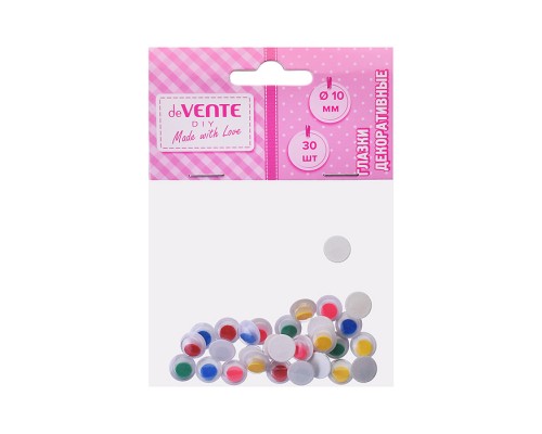Глазки декоративные круглые пластиковые, самоклеящиеся, цвет ассорти 30шт, 10 мм в пластиковом пакете с блистерным подвесом
