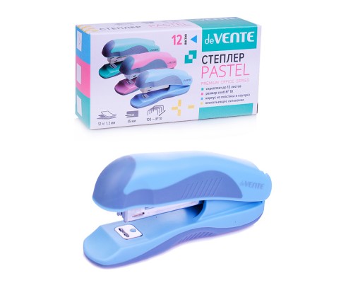 Степлер "Pastel" № 10 (мощность 12 листов, глубина скрепления 45 мм) пластиковый с каучуковой вставкой, в картонной коробке, 3 пастельных цвета ассорти