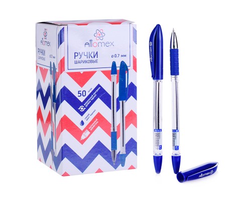 Ручка шариковая "Attomex" d=0,7 мм, прозрачный корпус с каучуковым держателем, сменный стержень, индивидуальная маркировка, синяя