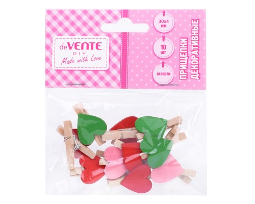 Прищепки декоративные "Hearts" деревянные, 30x4 мм, 10 шт, в пластиковом пакете с блистерным подвесом, ассорти цветов