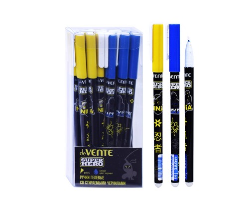 Ручка гелевая стираемая "SuperHero" d=0,5 мм, 2 дизайна корпуса ассорти, с ластиком, сменный стержень, индивидуальная маркировка, синяя