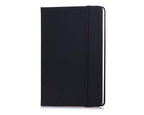 Записная книжка B6 (120 ммx170 мм) 160 стр, кремовая бумага 70 г/м&sup2; в клетку, печать в 1 краску, твердая обложка из искусственной кожи с покрытием Soft Touch, вертикальная резинка, закругленные уголки, 1 ляссе, в термоусадочной пленке, черная