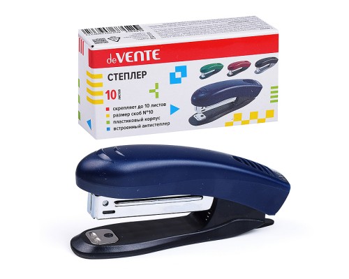 Степлер "Stripe" № 10 (мощность 10 листов, глубина скрепления 43 мм) пластиковый, со встроенным антистеплером, в картонной коробке, синий