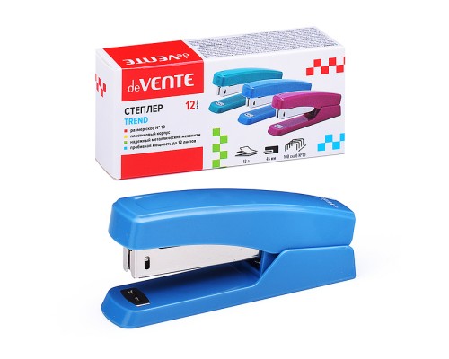 Степлер "Trend" № 10 (мощность 12 листов, глубина скрепления 45 мм) пластиковый, в картонной коробке, пепельно-синий
