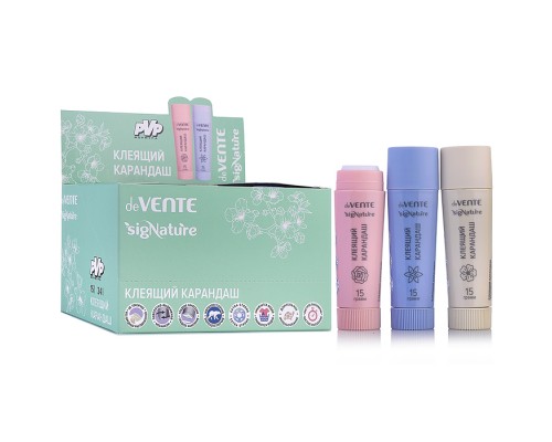 Клеящий карандаш PVP основа "SigNATURE" 15 г, высокой вязкости, в картонном дисплее с пластиковым поддоном, ассорти 3 цвета корпуса