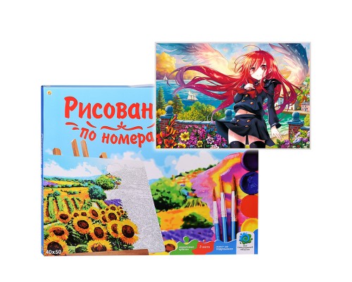 Холст с красками 40х50 по номерам "Красноволосая девочка с крыльями" (в коробке)(24цв)