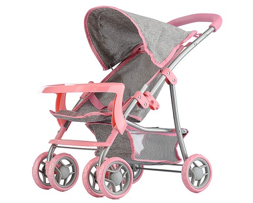 Коляска для кукол, металлическая, складная, прогулочная, со столиком, с тентом, с корзиной, цвет серо-розовый