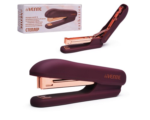Степлер "Esthetics" № 10 (мощность 12 листов, глубина скрепления 50 мм) пластиковый, c покрытием Velvet Touch, со встроенным антистеплером, в картонной коробке, цвет бургунди, металлические детали цвета розового золота