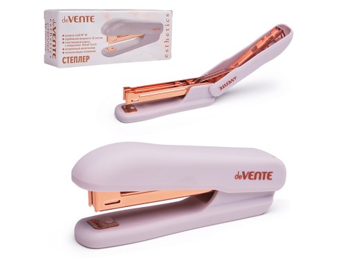 Степлер "Esthetics" № 10 (мощность 12 листов, глубина скрепления 50 мм) пластиковый, c покрытием Velvet Touch, со встроенным антистеплером, в картонной коробке, цвет лавандово-пепельный, металлические детали цвета розового золота