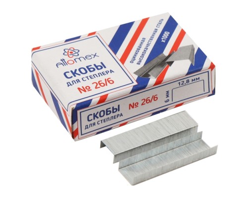 Скобы для степлера "Attomex" 26/6 1000 шт в картонной коробке, оцинкованные