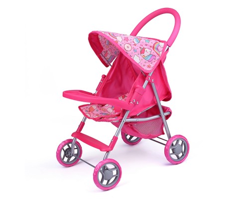 Коляска для кукол металлическая, складная, прогулочная, со столиком, с тентом, с корзиной, Единорожки