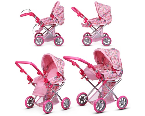 Коляска для кукол, металлическая, складная, с сумкой-переноской, корзиной и складным козырьком в пакете